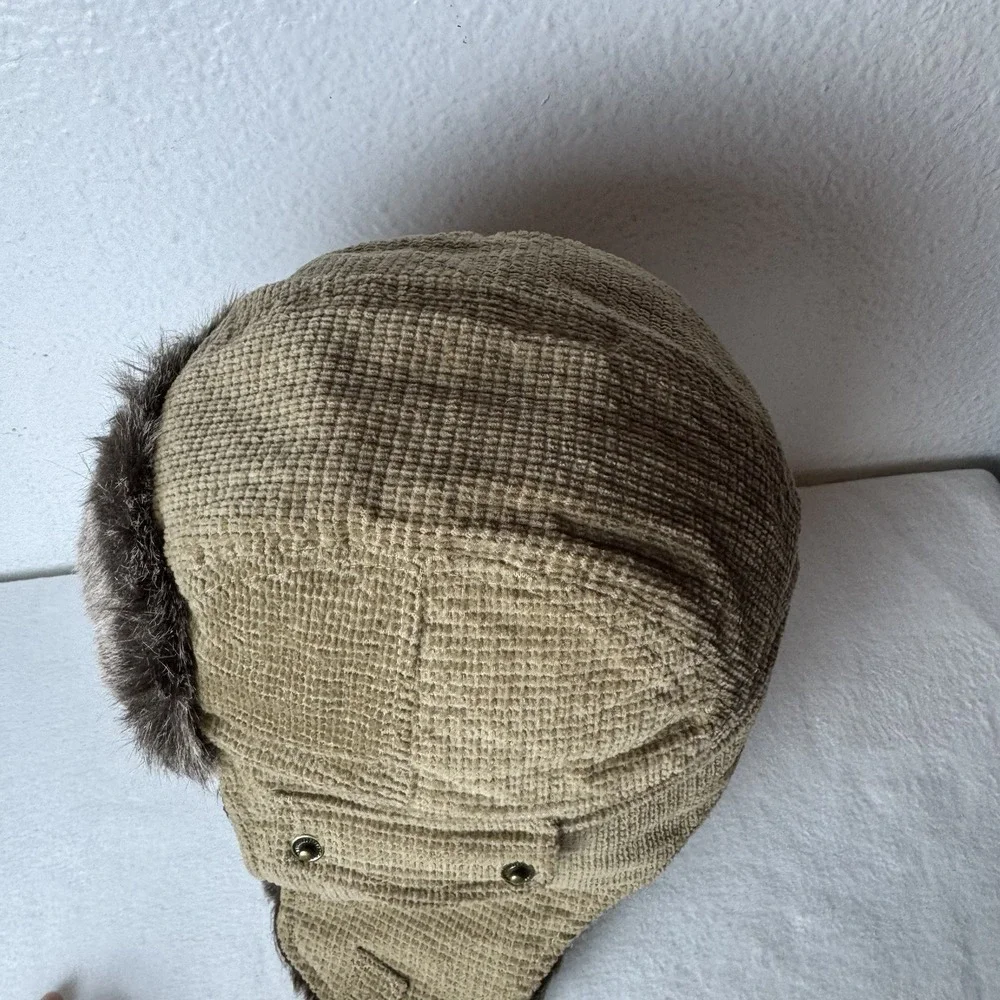 True Religion Men's Trapper Hat Cap Brown Tan One Size Faux Fur Lined Winter